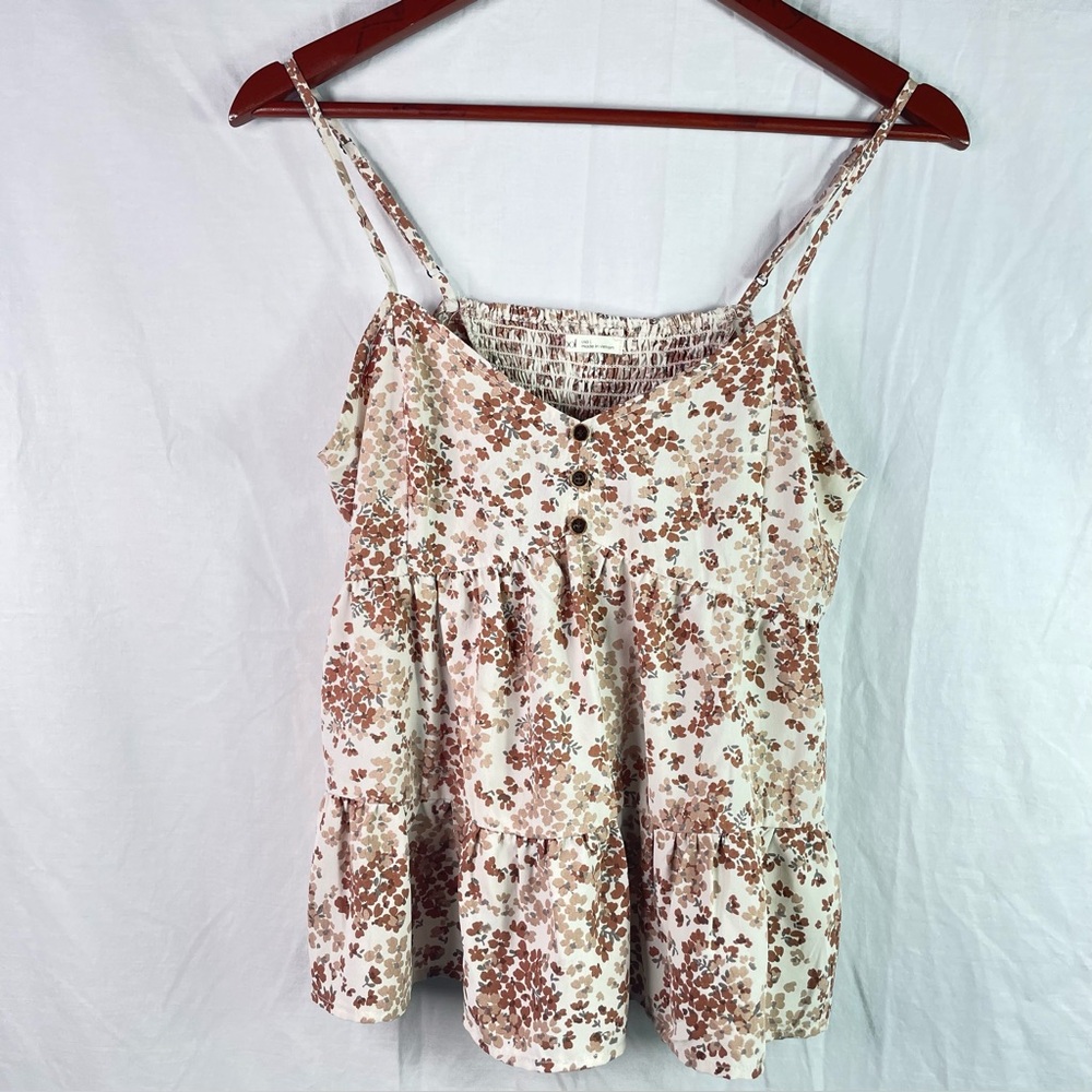 BECOOL Flouncy Tiered Floral Strappy Cropped Camisole Top Size L Tan Boho Beachy